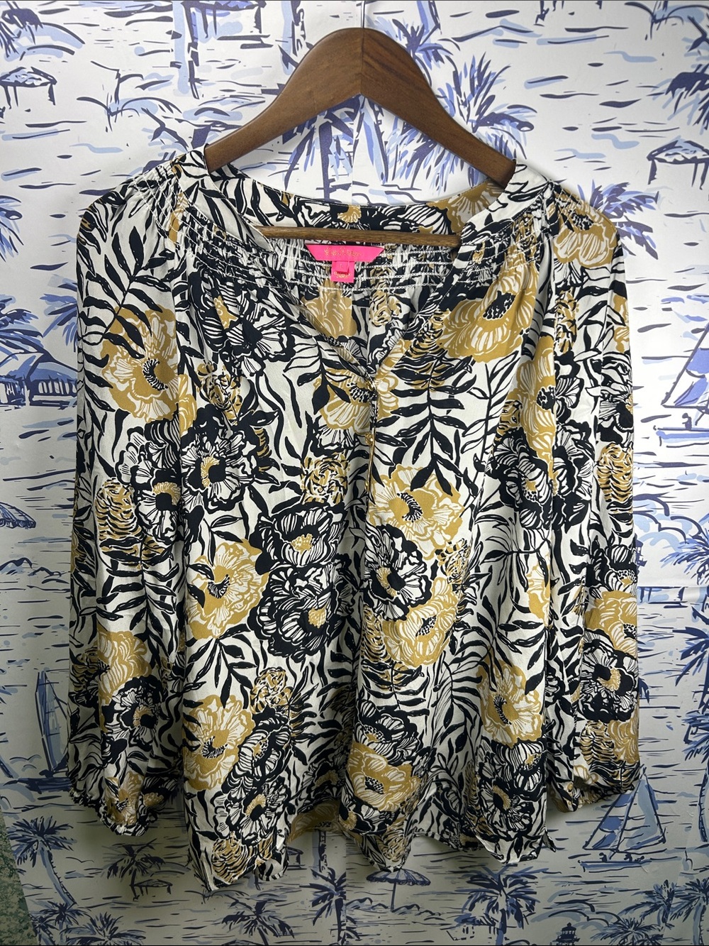 Lilly Pulitzer Black, White & Gold Floral Peasant Blouse